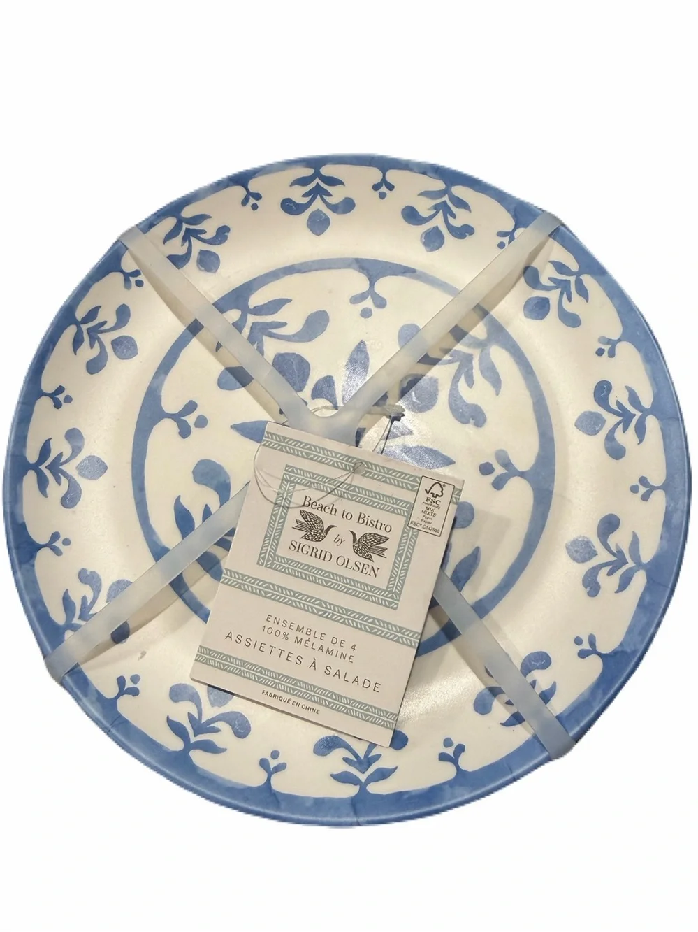 SIGRID OLSEN NWT 4pc 100% melamine floral scroll print salad plates -wht/blue